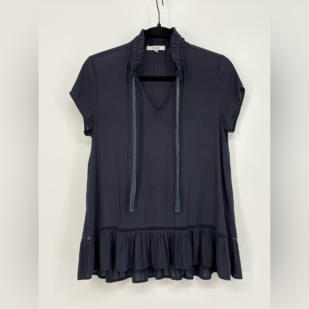 RO & DE Peplum Blouse to VNeck Navy Women’s XS Neck Tie Ribbon